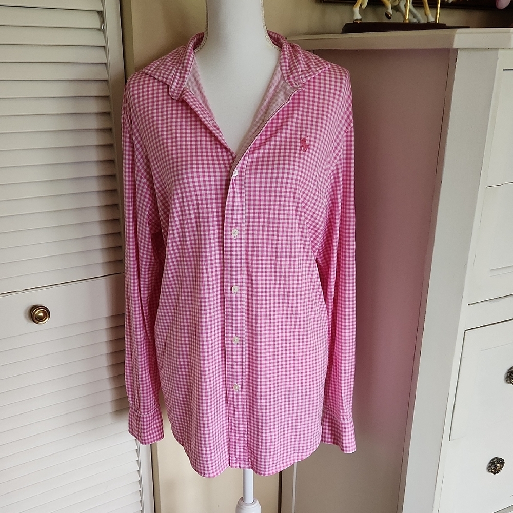 Ralph Lauren Pink Plaid Sleep Long Button Down Shirt 100% Cotton L Price Firm